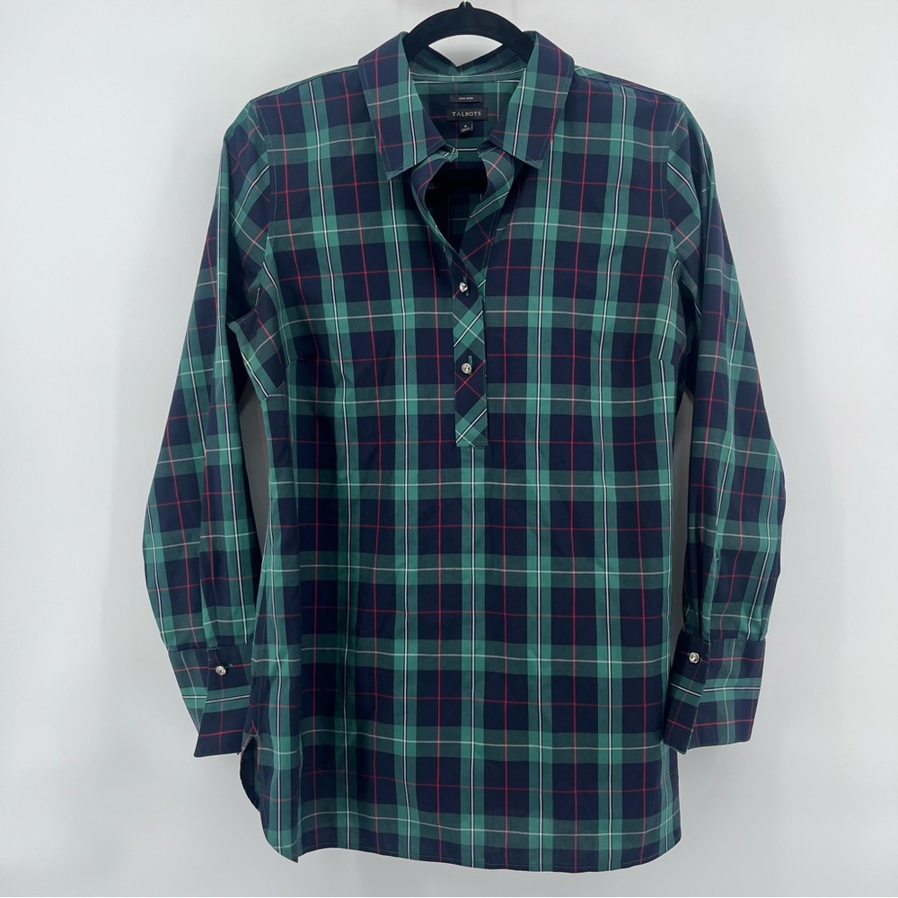 Talbots Plaid Collared Dress Shirt Women’s Size 6 Rhinestone Buttons Holiday